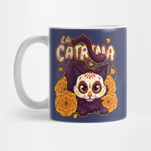 black furry cute cat with catrina skull mask and flowers Mug